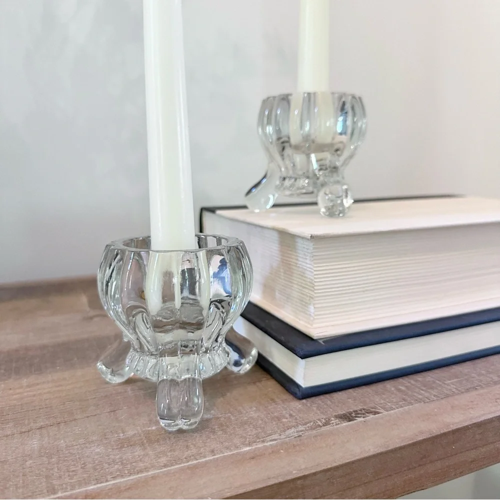 Lot Of 2 Vintage Clear Glass Footed Pillar Tea Light Candle / Air Plant Holders